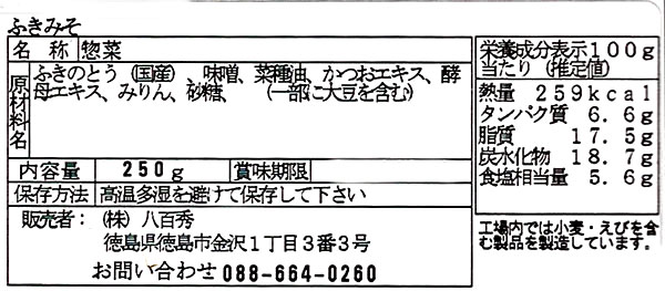 ふき味噌250ｇ一括表示